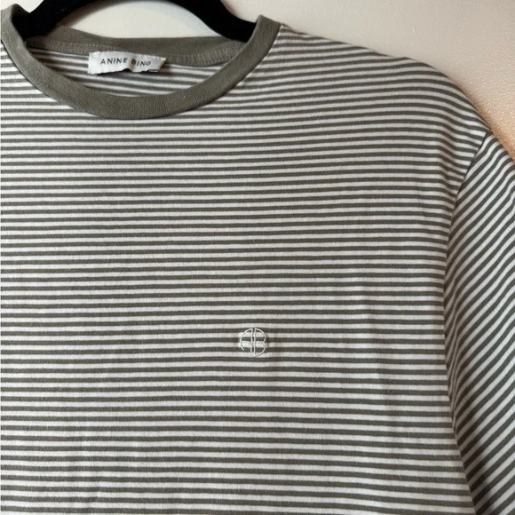 ANINE BING Women's Bo Tee Olive and Ivory Stripe - Picture 7 of 8